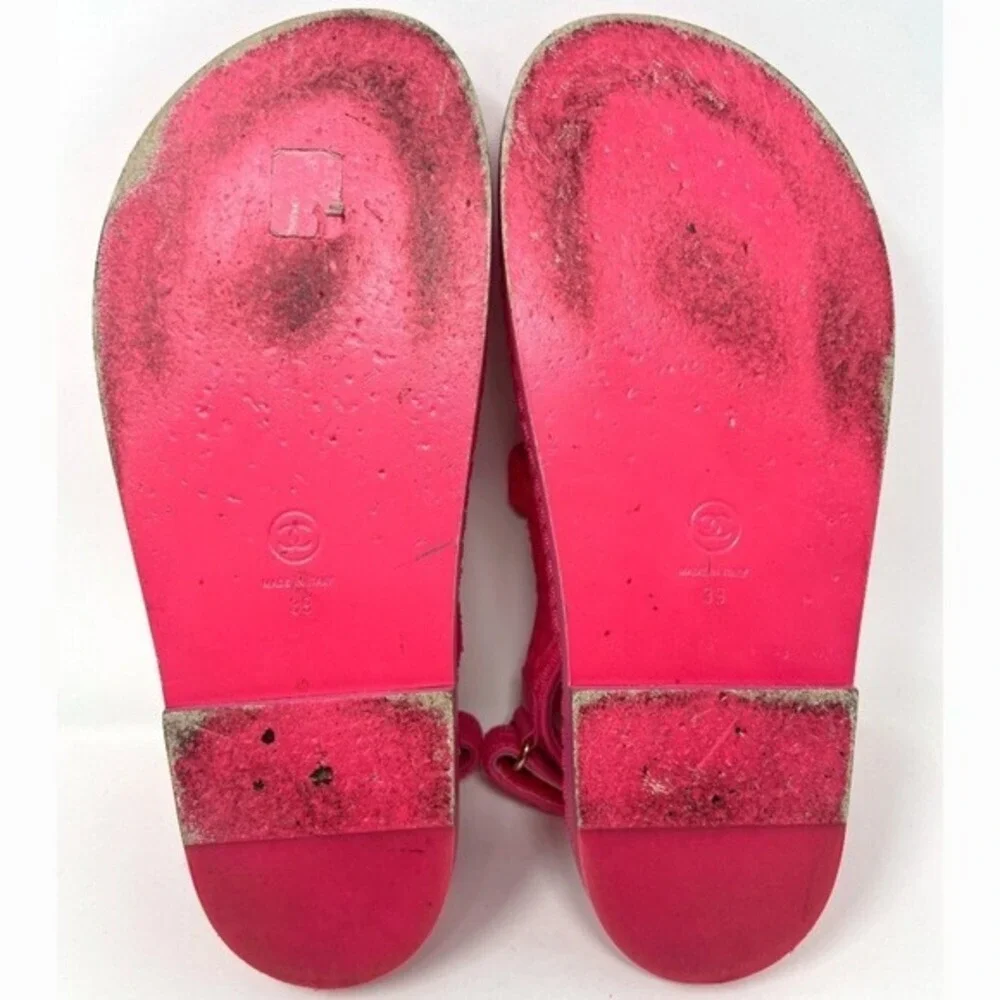 Chanel Pink Tweed CC Dad Flat Double‎ Strap Sandals 39 Karl Lagerfeld